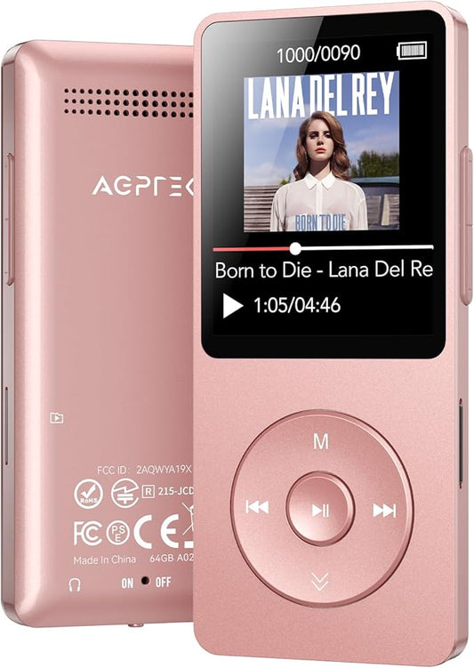 AGPTEK A02 MP3 Player with Bluetooth 5.3, 1.8 inch Screen Portable Music Player with Speaker, FM Radio, Voice Recorder, Supports Expanded Up to 128GB(Rose Gold, 64GB)