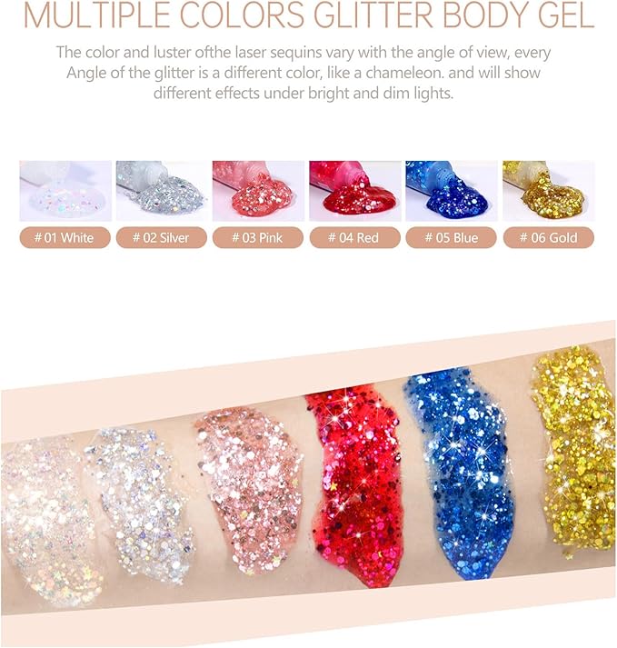 6PCS Pink Face Body Glitter Gel，Mermaid Holographic Sequins Chunky Glitter Paint for Party Singer Concerts Music Festival Rave Accessories for Girls Women Face Body Hair Sparkling Makeup