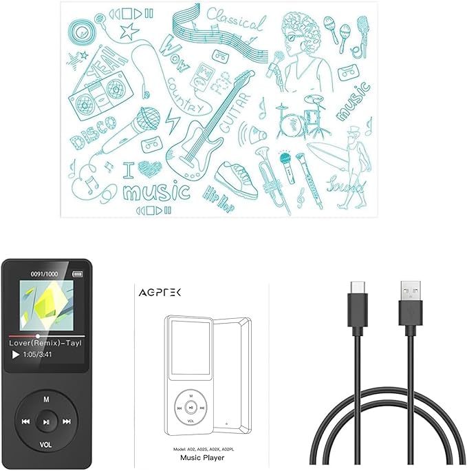 AGPTEK A02PL 64GB MP3 Player, 70 Hours Playback Lossless Sound Music Player, Supports up to 128GB(Black)