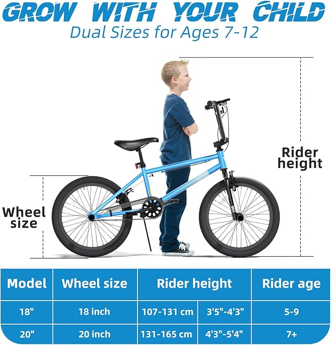 67i Boys BMX Bike 18/20 Inch Ages 8-12 Kids Bicycle with Front Rear U Brake Adjustable Seat Iron Fork 2.09" Wide Tires