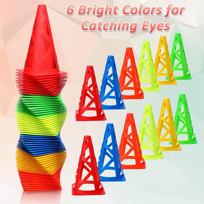 60 Pieces Plastic Agility Cones, 9 Inch Indoor Outdoor Training Sport Cone, Soccer Flexible Cone Sets Marker Cones for Kids Dogs Training, Party, Traffic, Drills, Basketball, Soccer, Assorted Colors