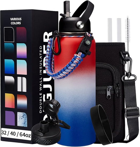 40oz Insulated Water Bottle with Straw, Paracord Handle & Carrier Bag, Wide Mouth Vacuum Insulated Hydro Bottle, Stainless Steel Thermo Mug Flask for Sports Office School, Cold 48Hrs & Hot 24Hrs