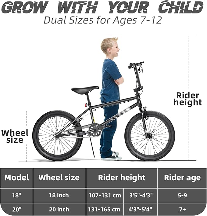 67i Boys BMX Bike 18/20 Inch Ages 8-12 Kids Bicycle with Front Rear U Brake Adjustable Seat Iron Fork 2.09" Wide Tires