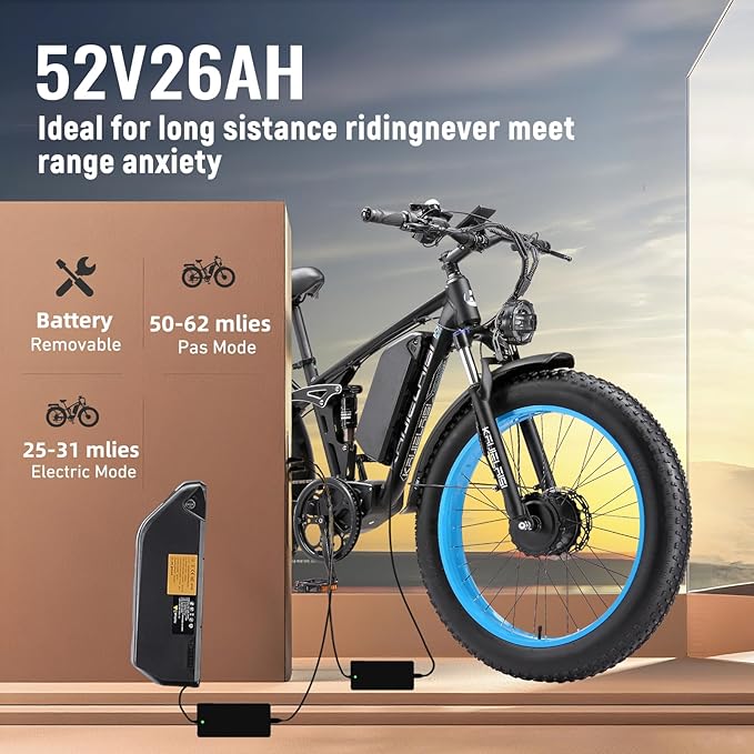52V Electric Bike for Adults, 38MPH 26” Fat Tire Dirtbike 6000W Peak, AWD Ebike Dual Motor,26AH Removable Battery Fast Full Hydraulic Brake
