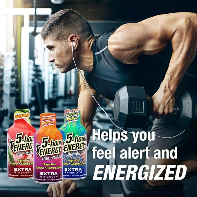 5-Hour Energy Extra Strength Shots Variety Pack, 30 Count (1.93 fl oz) - Tropical Burst, Hawaiian Breeze, Watermelon Flavors