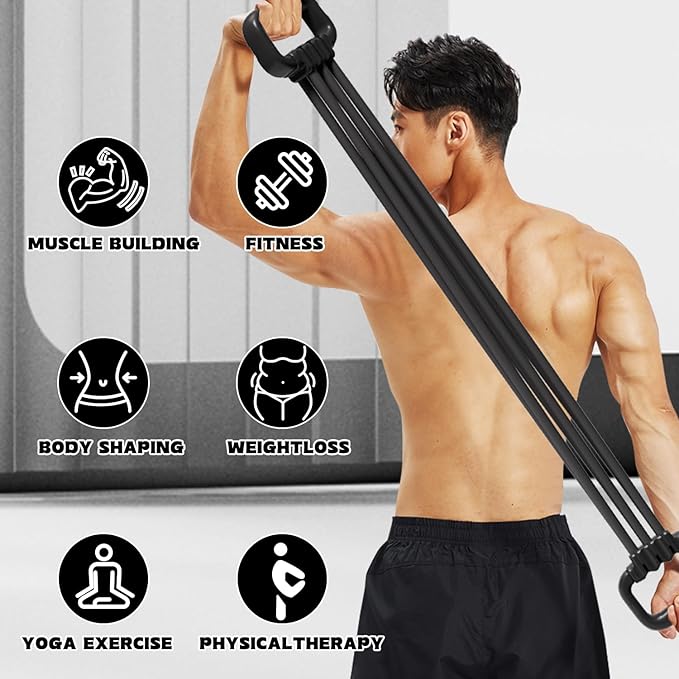 6-Pipe Chest Expander & Shoulder Stretcher - Adjustable Detachable Resistance Tubes for Home Gym, Rehab, Strength Training + Easy Workout Guide (Men/Women)