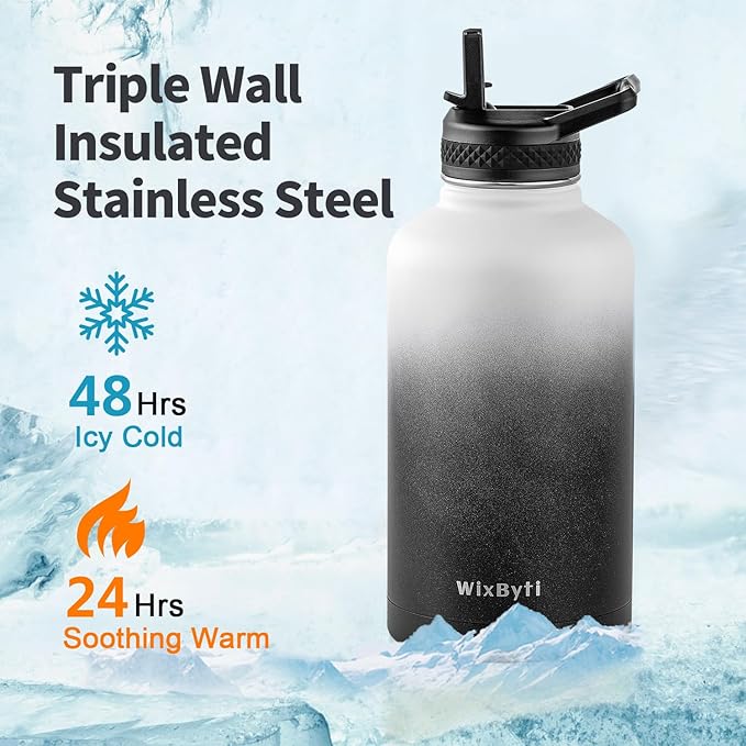 64 oz Insulated Water Bottle with Straw (Cold for 48 Hrs), Half Gallon Stainless Steel Triple Wall Vacuum Sports Water Jug, Leakproof Hydro Cup Flask with Straw Spout Lids & DIY Stickers