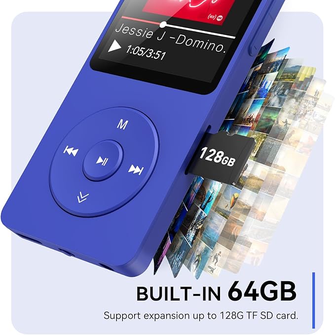 AGPTEK A02 MP3 Player with Bluetooth 5.3, 1.8 inch Screen Portable Music Player with Speaker, FM Radio, Voice Recorder, Supports Expanded Up to 128GB(Blue, 64GB)
