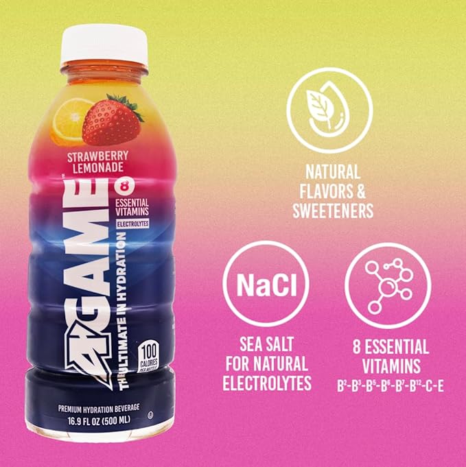 A-GAME Sports Drink, Strawberry Lemonade, The Ultimate Hydration Sports Beverage for Athletes, 8 Essential Vitamins including B, C, & E plus Natural Sea Salt Electrolytes, All Natural Flavors & Sweeteners, Gluten Free, 16.9 Fl Oz (Pack of 12)