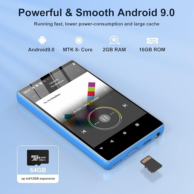 80GB MP3 Player with Bluetooth and WiFi,4-inch Touch Screen MP3 Player with Bluetooth, Spotify, Amazon Music, Audible, Spotify Kids, Pandora, M503Pro Andriod MP4 & MP3 Music Player up to 1TB Blue