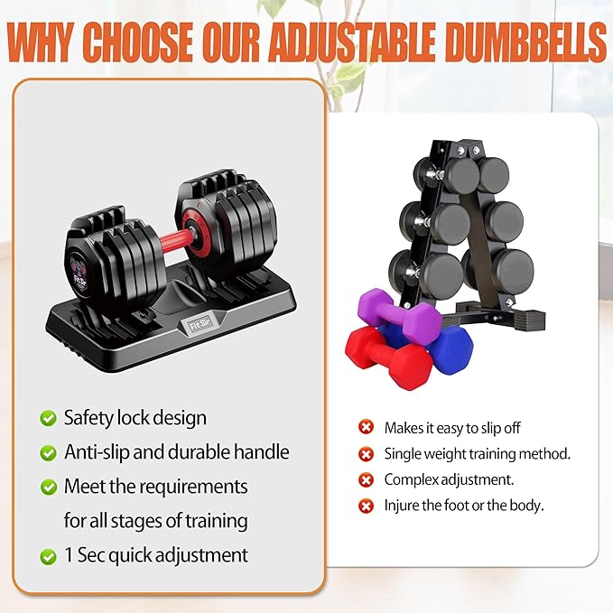 Adjustable Dumbbell Set 25/55/90LBS,10 in 1 Free Weights Dumbbell with Anti-Slip Texture Handle,1 Sec Speed Adjustment Men/Women Gym and Home Strength Training Equipment.