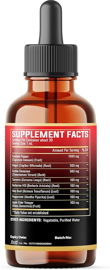 8in1 Cayenne Pepper Liquid Drops with Ginger, Ceylon Cinnamon, Turmeric Curcumin, Berberine - Digestion, Circulatory Heath Support - 2 Packs of 30ml