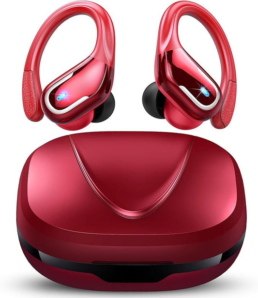 Ltinist Wireless Earbud, Bluetooh 5.4 Headphones Pure Bass Sound with Earhooks, 75H Battery in-Ear Sport Earbud with Dual-LED Display, IP7 Waterproof Earphones Built-in Microphone for Running, Red