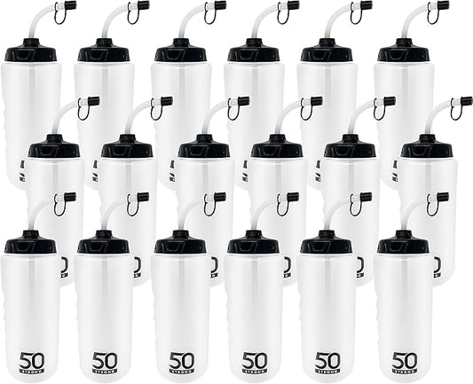 50 Strong 1 Liter Water Bottle with Straw – 18-Pack Easy-Squeeze Sports Bottles with Long Straw & Built-In Finger Grip – BPA-Free & Made in USA – Ideal for Hockey & Team Sports