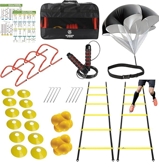 Agility Ladder Speed Training Equipment Set-2x 20ft Agility Ladder,12 Soccer Cones,4 Adjustable Hurdles, Jump Rope, Running Parachute| Basketball Football Soccer Training Equipment for Kids Adults