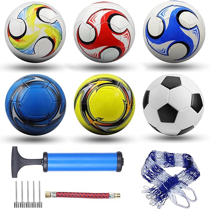 6 Pack Classic Soccer Balls Size 5 With Pump and Net Bag - Training and Practice for Kids and Adults, Indoor and Outdoor Competition