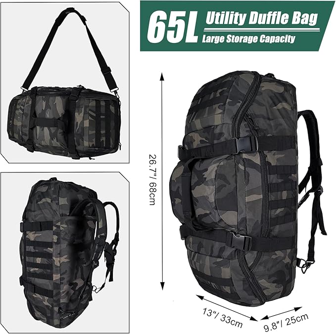 65L Large Duffle Bag, 3-in-1 Tactical Backpack MOLLE Pack for Sports, Gym, Outdoor, Black Camo