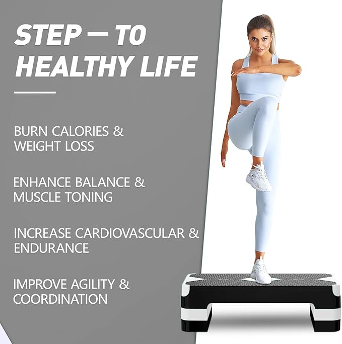 Aerobic Exercise Step, Adjustable Aerobic Stepper for Exercise, Workout Step Platform for Step Up, 26.5" Step Deck with 4” 6” 8” Adjustable Height Risers, Women Home Gym Cardio Fitness