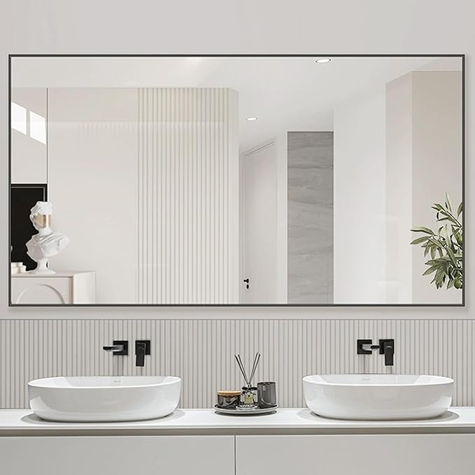 55x36 Inch Black Bathroom Mirror for Wall, Aluminum Frame Rectangle Rectangular Vanity Mirror, Modern Large for Bedroom, Living Room, Horizontal or Vertical