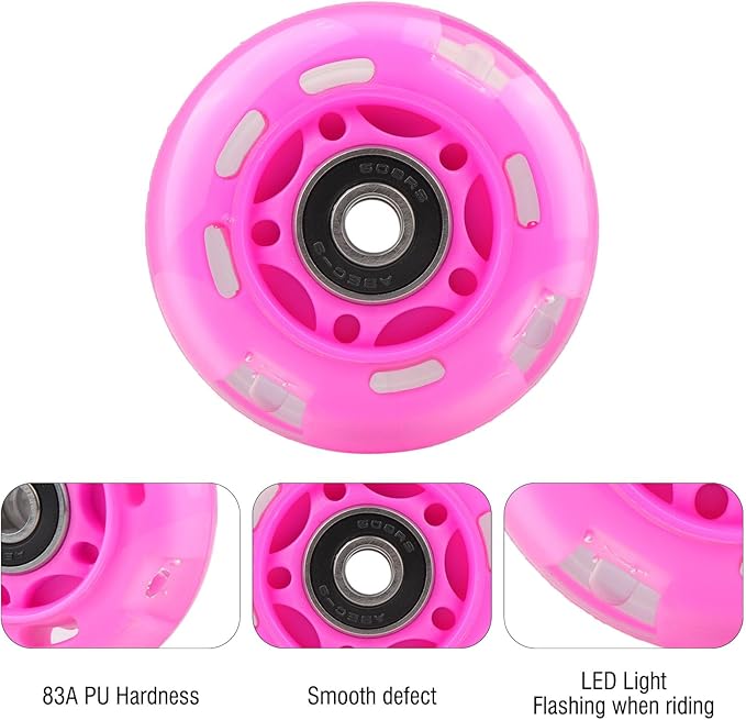 8pcs Inline Skate Wheels Led Light-Up Wheels 64/70/72/76/80mm w/Bushings 85-88A for Kids and Youth Beginners Children's Inline Skates Indoor/Outdoor Use (Pink, 64mm)