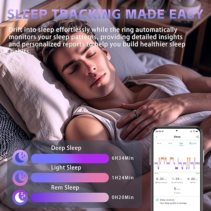 Activity Tracker Ring for Men – Smart Ring with Heart Rate, SpO2, Blood Pressure, Sleep Monitoring, Step & Calorie Counter, 5ATM Waterproof, No Subscription Fee (Black, 7)