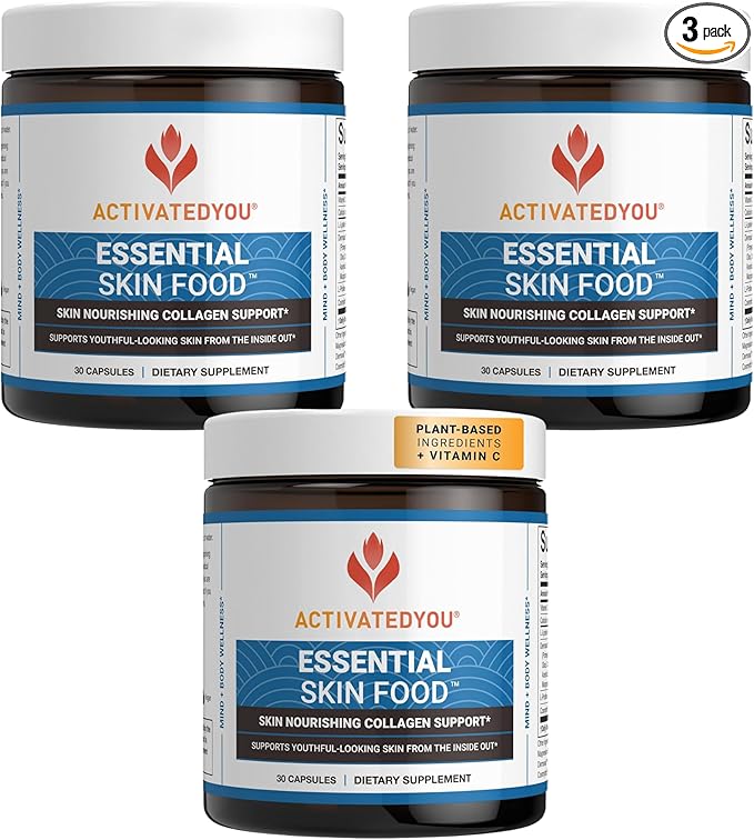 ACTIVATEDYOU Essential Skin Food - Plant Based Collagen Elastin Support Supplements for Women & Men - Supports Youthful Skin, Lysine & Dermaval for Collagen Production (3 Pack/90 Day Supply)