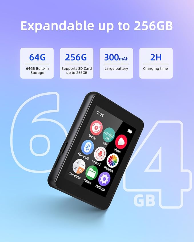 64GB Music Player with Bluetooth 5.3, 2.4" Portable MP3 Player with Speaker, FM Radio, Voice Recorder, E-Book, Full Touch Screen, Supports up to 256GB (Earphones Included)