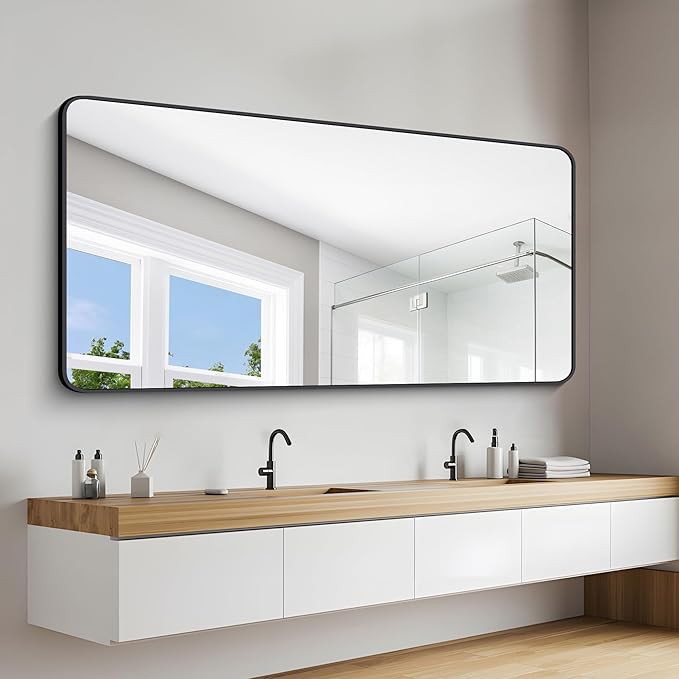 72" x 36"Bathroom Mirror, Matte Black Wall Mirror with Metal Frame, Decorative Rectangular Vanity Mirror for Bedroom Bathroom Living Room Entryway (Horizontal/Vertical)