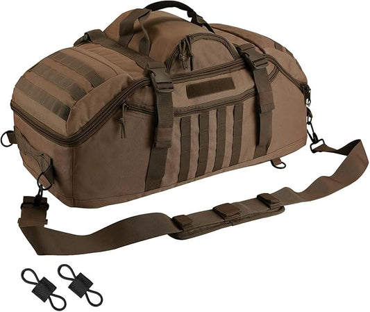 65L Large Duffle Bag, 3-in-1 Tactical Backpack MOLLE Pack for Sports, Gym, Outdoor, Dark Brown