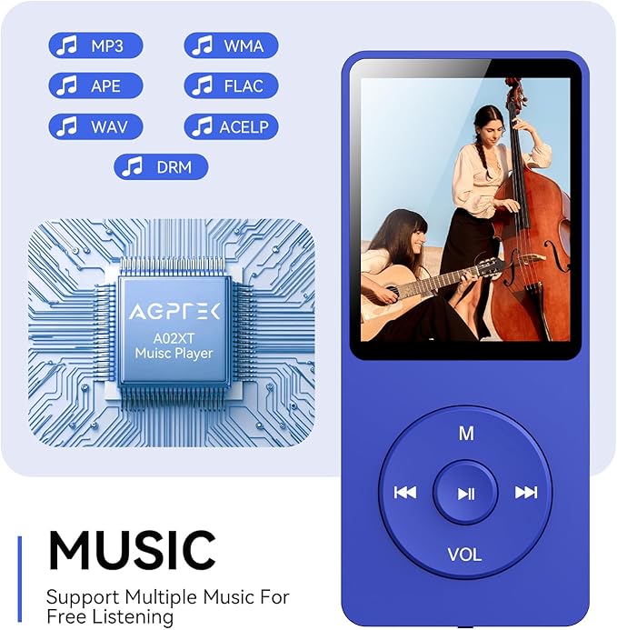 AGPTEK A02 MP3 Player with Bluetooth 5.3, 1.8 inch Screen Portable Music Player with Speaker, FM Radio, Voice Recorder, Supports Expanded Up to 128GB(Blue, 32GB)