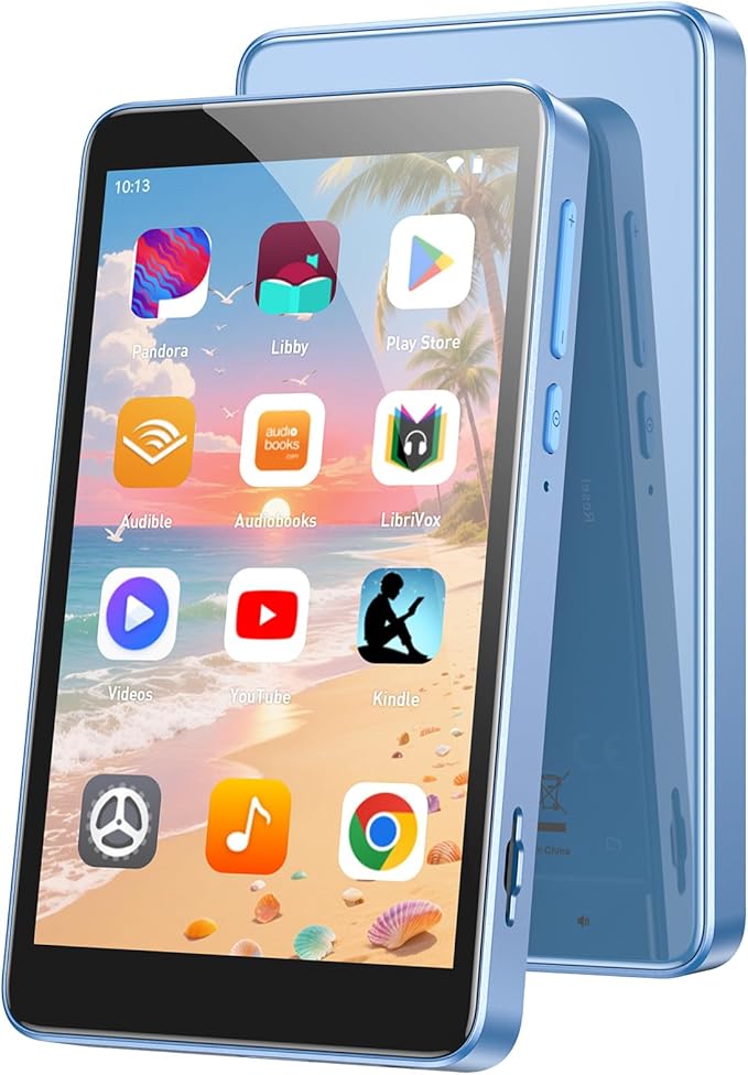 AGPTEK 96GB MP3 Player with Bluetooth and WiFi, T08X 4'' Android 14 MP4 Music Player with Spotify, Audible, APP Store, Up to 1TB, Blue