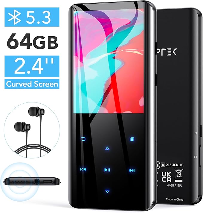 AGPTEK 64GB MP3 Player with Bluetooth 5.3, A19PL 2.4" Curved Screen Portable Music Player with Speaker Lossless Sound with FM Radio, Voice Recorder, Supports up to 128GB, Black