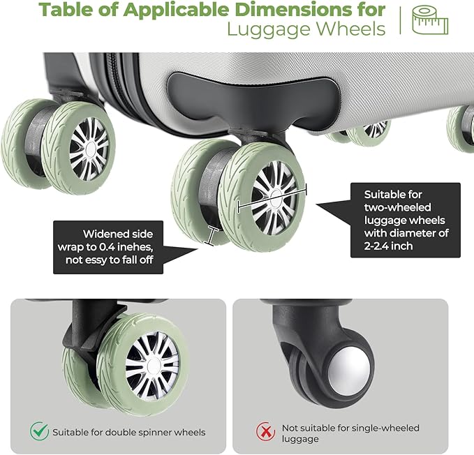 8 Pcs Upgrade Luggage Wheel Covers, Carry On Luggage Suitcases,Wear-Resistant, Anti-Noise, Silicone Wheel Protective Covers for 2-2.4" Spinner Wheel,Essential Travel Accessories (Green)