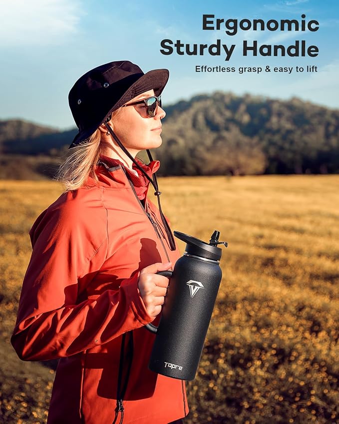 40 oz Insulated Water Bottle with Straw and Lid, Food-grade Double Wall Vacuum Stainless Steel Flask with Handle,Leakproof Metal Travel Jug With Carry Pouch and Brush,Keep Cold & Hot,Black