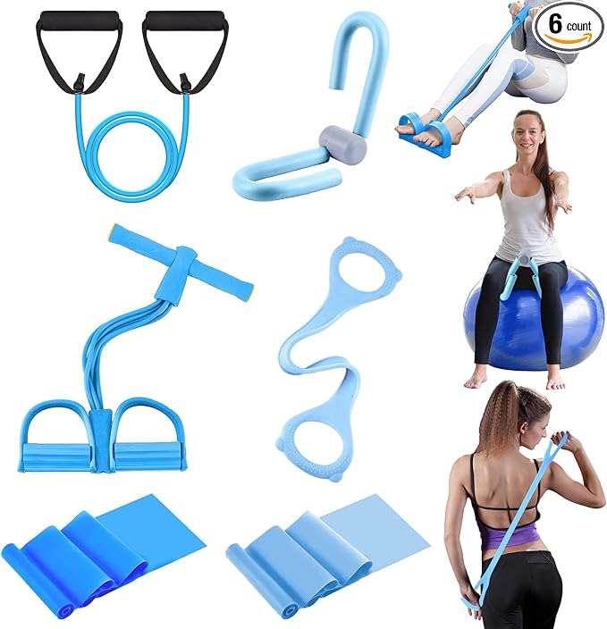 6 Pcs Fitness Resistance Exercise Bands 6 Tube Pedal Puller Resistance Band Set for Women Weight Loss Thigh Training Workout Equipment Elastic Arms Abdomen Shoulder Waist Leg Beginners Yoga