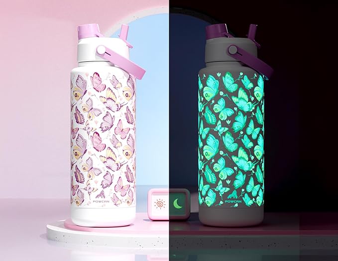 40 oz Insulated Water Bottle with 2-in-1 Straw and Spout Lid, Glow-in-the-Dark, 24H Cold, Leakproof, BPA-Free, Double Wall Stainless Steel for Sports, Gym, Travel, and School (Luminous Flutter)