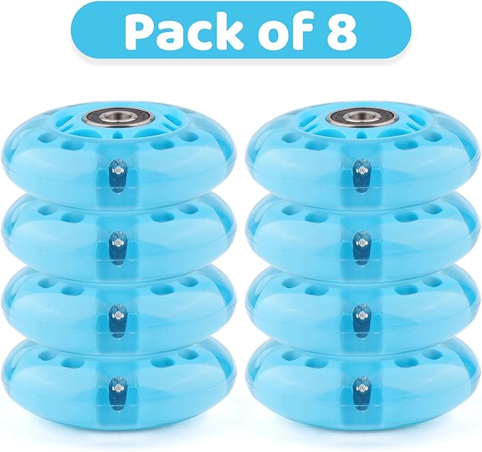 8pcs Inline Skate Wheels Led Light-Up Wheels 64/70/72/76/80mm w/Bushings 85-88A for Kids and Youth Beginners Children's Inline Skates Indoor/Outdoor Use (Blue, 72mm)