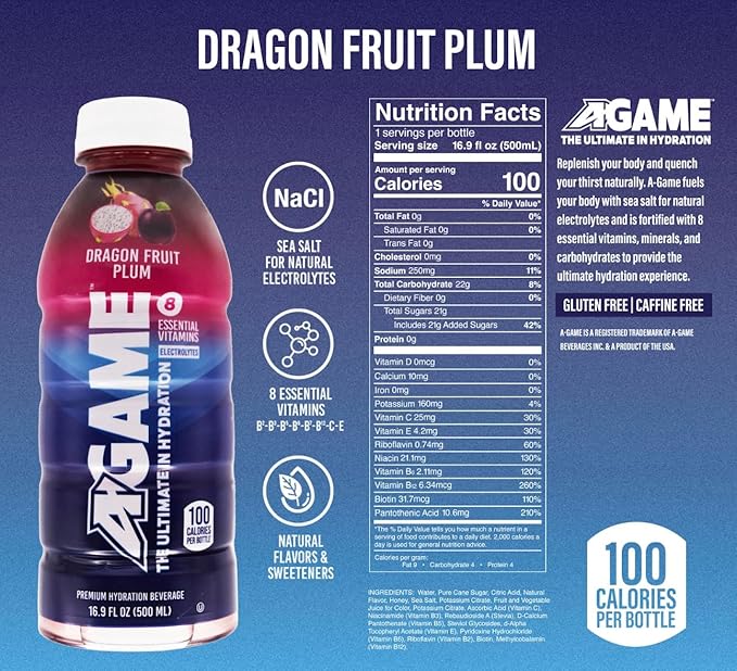 A-GAME Sports Drink, Dragon Fruit Plum, The Ultimate Hydration Sports Beverage for Athletes, 8 Essential Vitamins including B, C, & E plus Natural Sea Salt Electrolytes, All Natural Flavors & Sweeteners, Gluten Free, 16.9 Fl Oz (Pack of 12)