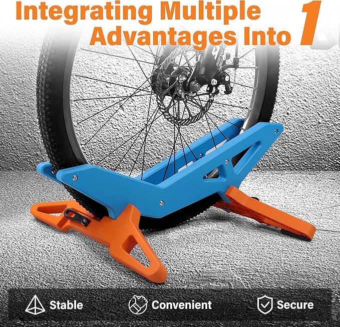 Adjustable Bike Parking Stand Fits 16-29 Inch Bicycles, Compatible with 23c-3.0 Tire Width – Heavy-Duty Plastic, Easy Installation, Stylish Two-Tone Design (Blue&Orange(2 Pack))