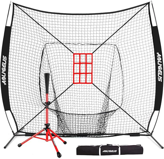 7'X7' Baseball Softball Practice Net,Pitching Net,Batting Net,with Baseball Tee,Bonus Strike Zone and Bow Frame,for Hitting,Pitching, Catching