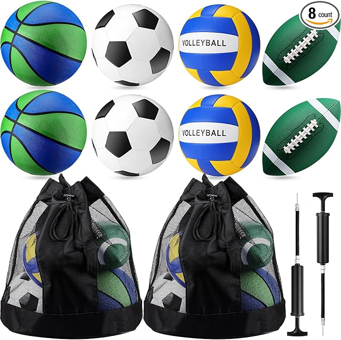 8 Pcs Sports Balls Set Include Basketball Football Soccer Volleyball with 2 Sport Equipment Bags 2 Pumps for Teens Youth Adult Outdoor Operation Christmas Ball Gifts