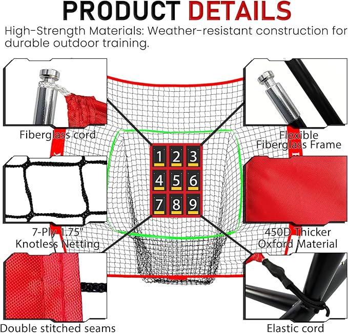 7x7 ft Baseball & Softball Practice Net with 9 Numbered Strike Zone | PRO Training Net for Hitting, Pitching & Batting | with Carry Bag, Bow Frame for All Ages & Skills
