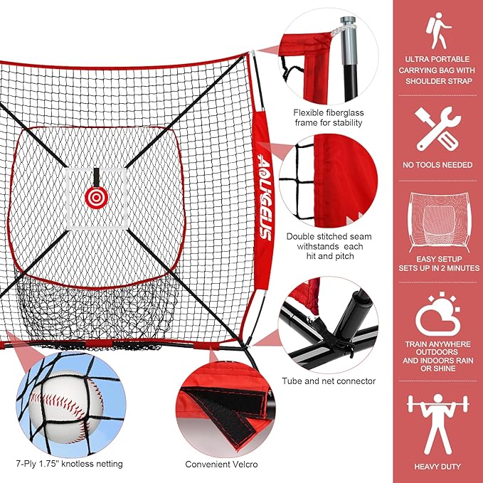 6'X6' Baseball Softball Practice Net,Pitching Net,Batting Net,with Bonus Strike Zone,Target and Bow Frame,for Hitting,Pitching,Catching