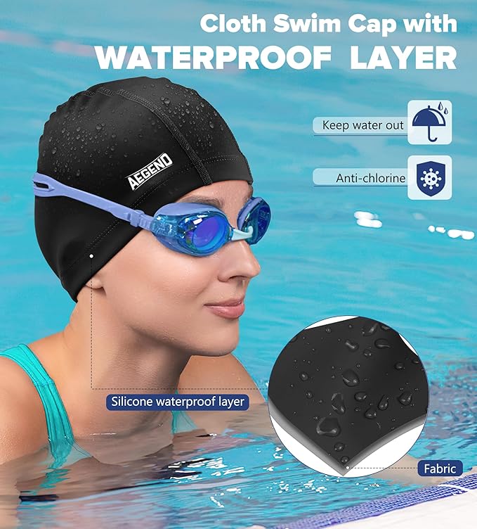 Aegend Fabric Swim Cap, Silicone Waterproof Layer - Breathable Cloth Swimming Cap, Keep Hair Dry with Hight Elasticity for Youth(8-16) Adult, 2 Sizes to Choose