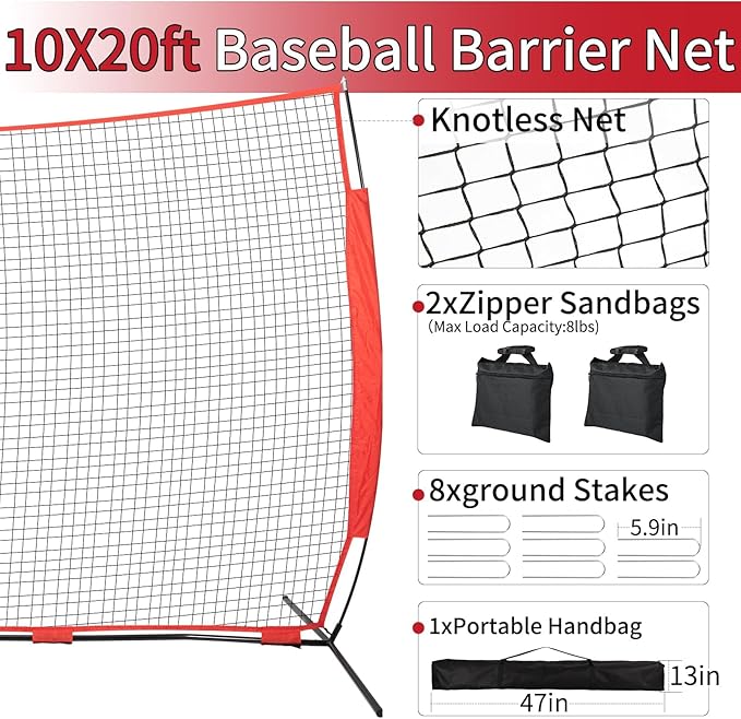 7x7/16x10/20x10ft Backstop Net, Ball Stop Net with Handbag,Fix Sports Net Barrier by 4 Spike&2 Sandbag,Sports Practice Barrier Net for Baseball,Softball,Lacrosse Train,Backstop Net for Backyard