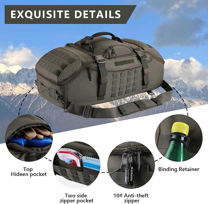 65L Large Duffle Bag, 3-in-1 Tactical Backpack MOLLE Pack for Sports, Gym, Outdoor, Olive Green