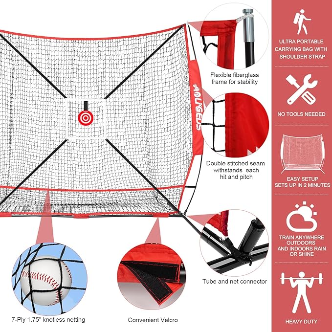6'X6' Baseball Softball Practice Net with Batting Tee and Ball Caddy, Bonus Strike Zone Target and Bow Frame, for Hitting, Pitching, Catching