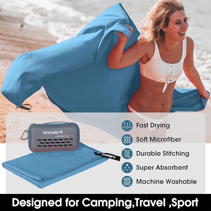 4Monster Camping Towel Super Absorbent, Quick Dry Microfiber Travel Towel, Fast Drying Ultra Soft Compact Gym Towel for Hiking Swimming Beach Yoga Travel Sports Backpack (Marine Blue, 47.00" x 23.60")