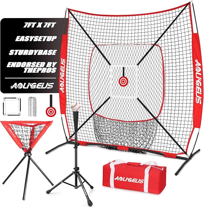 6'X6' Baseball Softball Practice Net with Batting Tee and Ball Caddy, Bonus Strike Zone Target and Bow Frame, for Hitting, Pitching, Catching