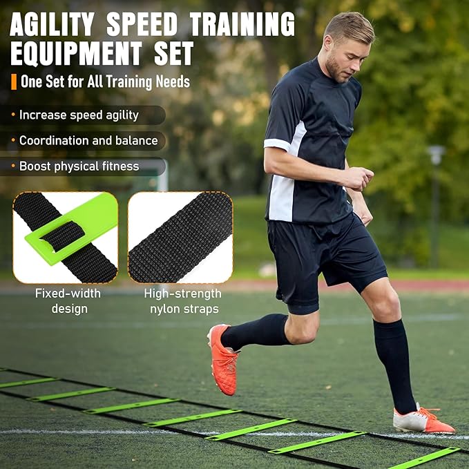Agility Ladder, Speed Training Equipment Set, 20ft Agility Ladder, 12 Soccer Cones, 4 Hurdles, Jump Rope, Running Parachute, Basketball Football Soccer Training Equipment for Kids, Youth, Adults